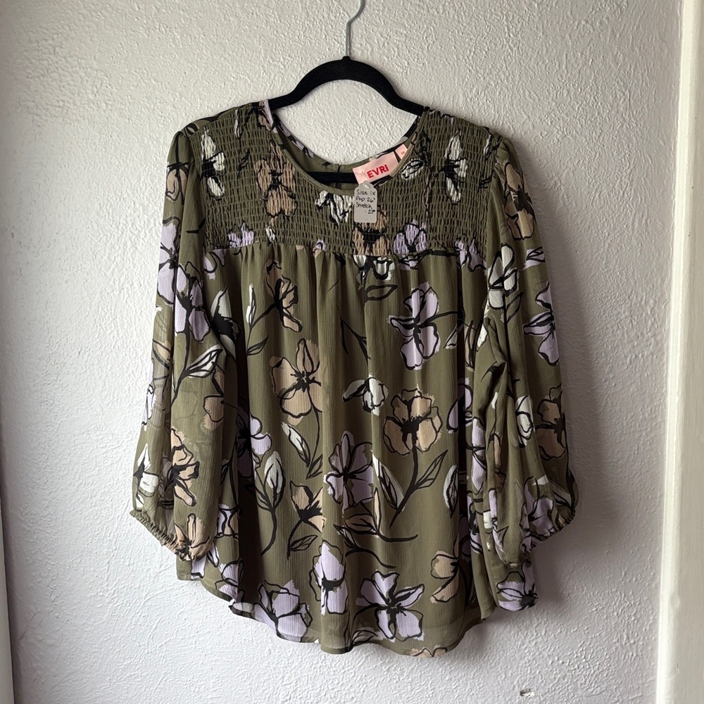 EVRI Olive and White Floral Blouse.   #10